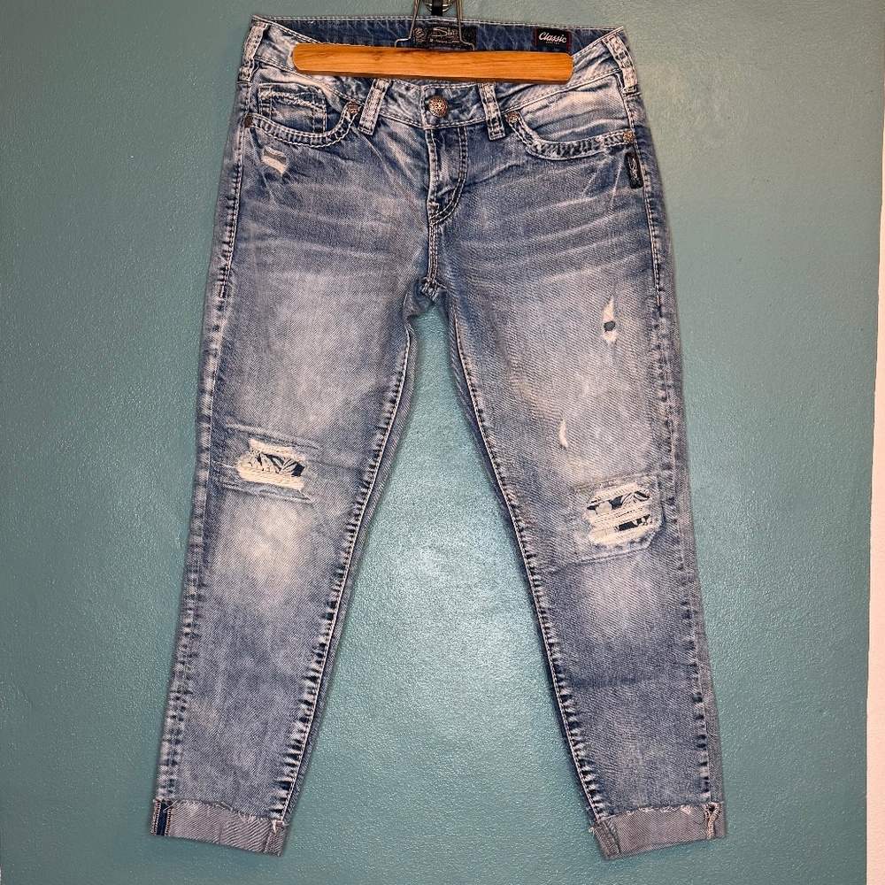 Women’s Silver Mid Ankle Skinny Blue Jeans Ripped Distressed Size 28/26